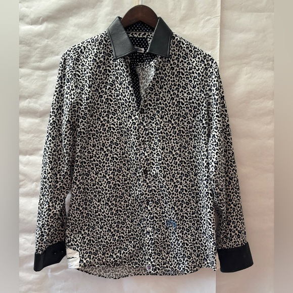 john lennon Other - John Lennon thrashed Dress Shirt Leopard Print Faux Leather Trim Rocker Shirt